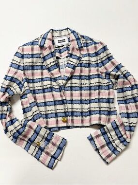 EENK Womens Ivory Pink Blue Preppy Single Breasted Short Tweed Jacket Size S